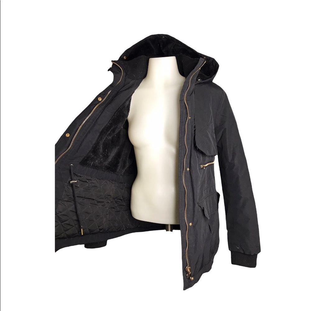 Zara Outerwear | Black Faux Fur Lined Winter Jacket Gold Detail w/ Hood •